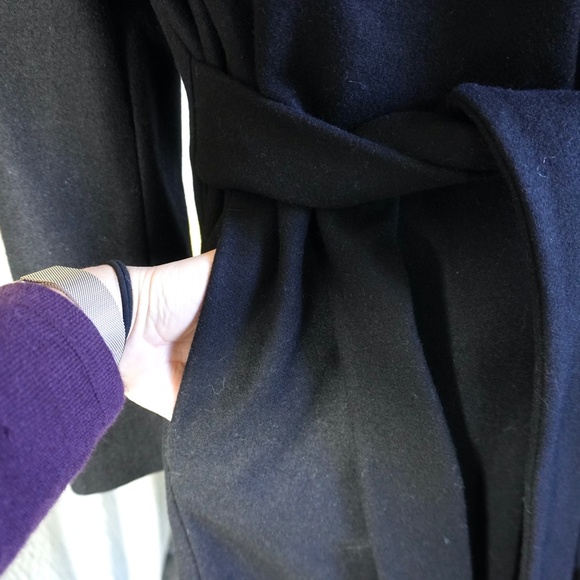 Retro Wool Coat Women Sz M Black Belted Wrap Style Knee Length Wide Collar - Picture 7 of 12